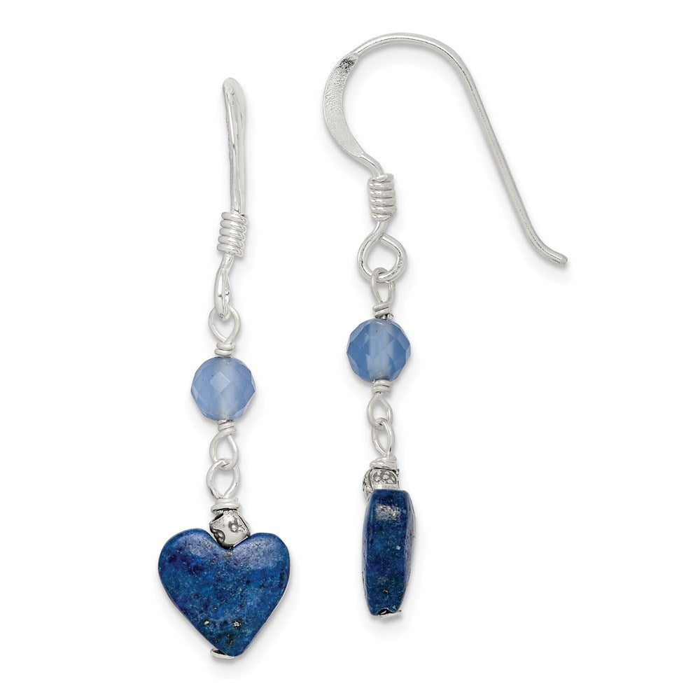 Sterling Silver Polished & Antiqued Blue Agate & Lapis Heart Dangle Earring, 37 x 8 mm