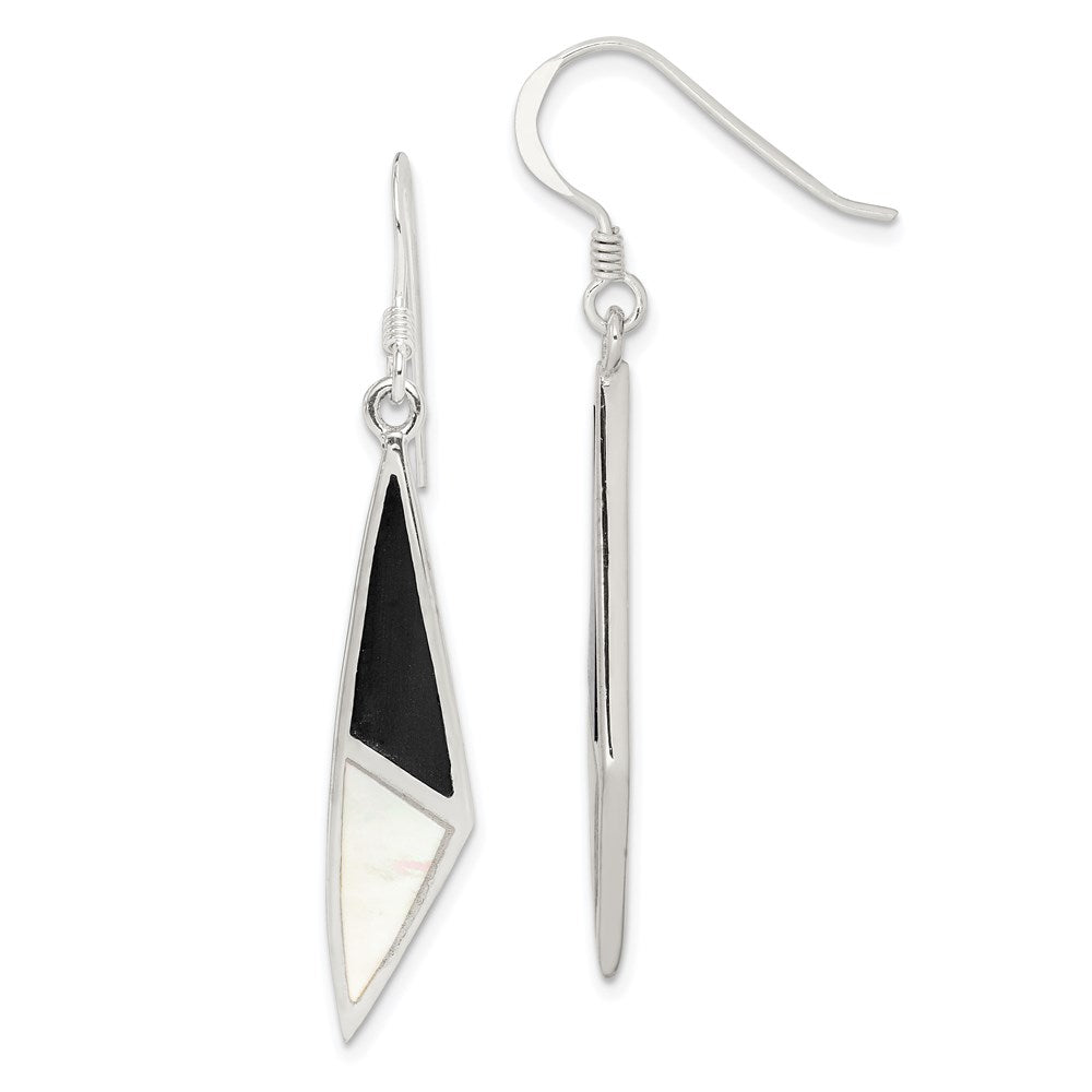 Sterling Silver Polished Onyx & Mother of Pearl Dangle Earrings, 46 x 6 mm