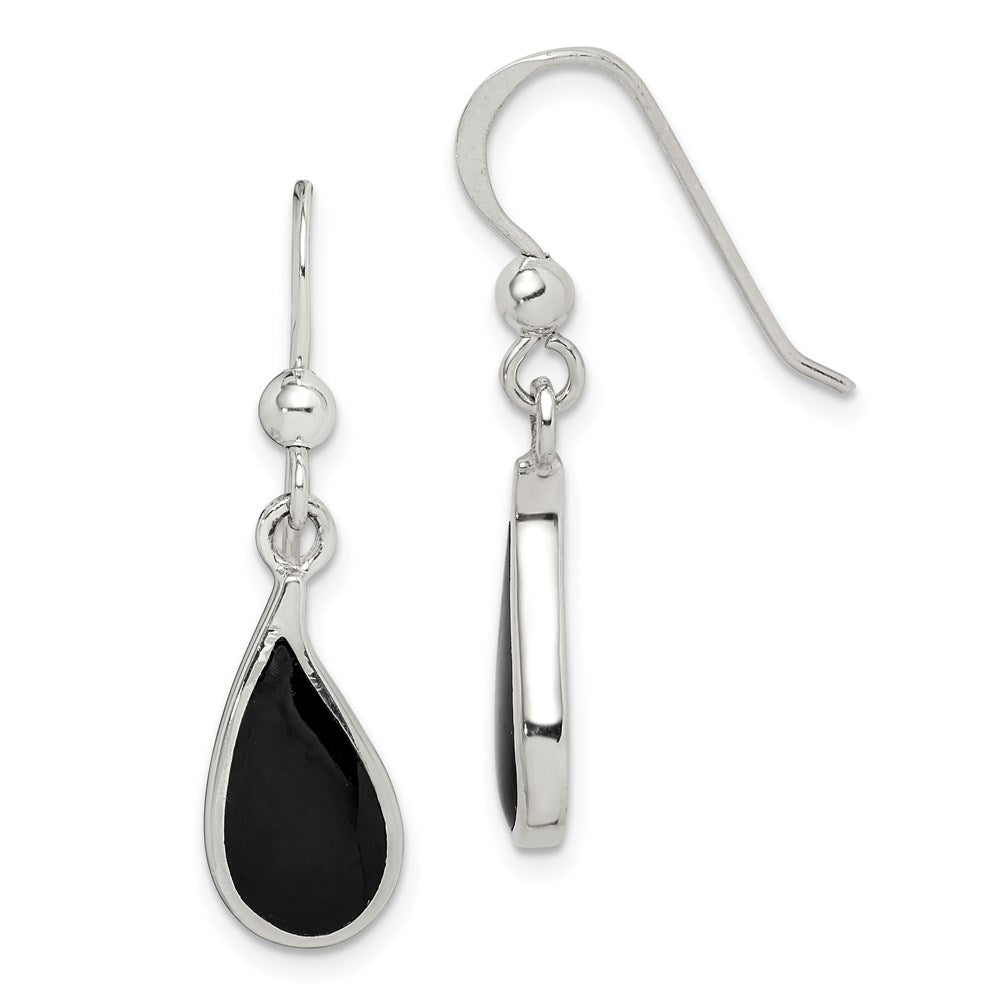 Sterling Silver Polished Curved Onyx Teardrop Dangle Earrings, 31 x 7 mm