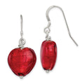 Sterling Silver Red Murano Glass Heart Dangle Earrings, 38 x 17 mm