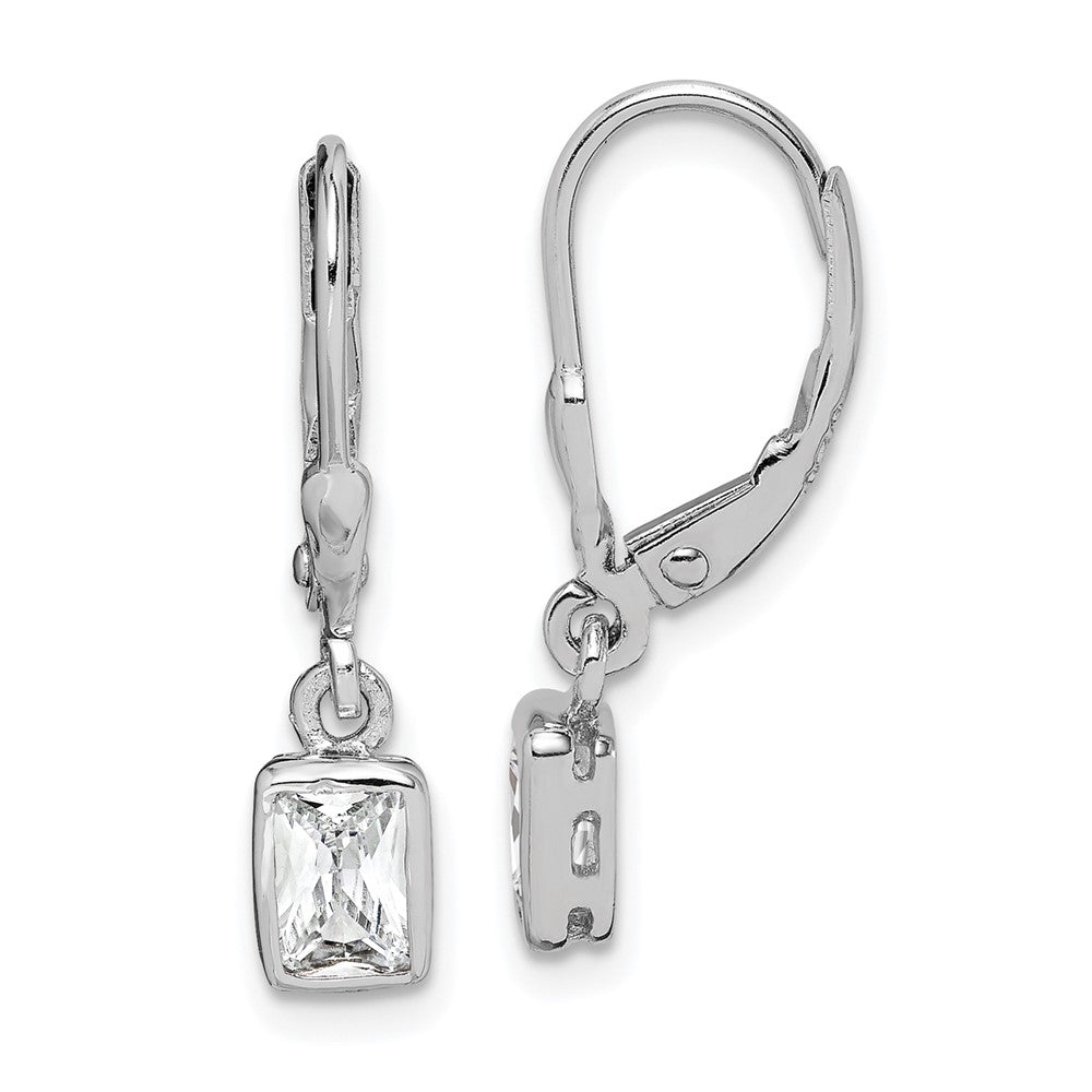 Sterling Silver Rhodium-plated Emerald-cut 6x4mm CZ Leverback Earrings, 25 x 6 mm