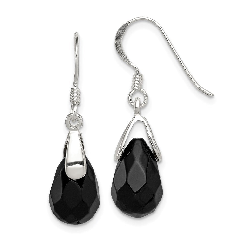 Sterling Silver Polished Faceted Onyx Teardrop Dangle Earrings, 30 x 8 mm