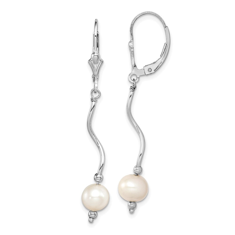 Sterling Silver Rhodium-plated 6-7mm White Semi-Round Freshwater Cultured Pearl Leverback Dangle Earrings, 49 mm