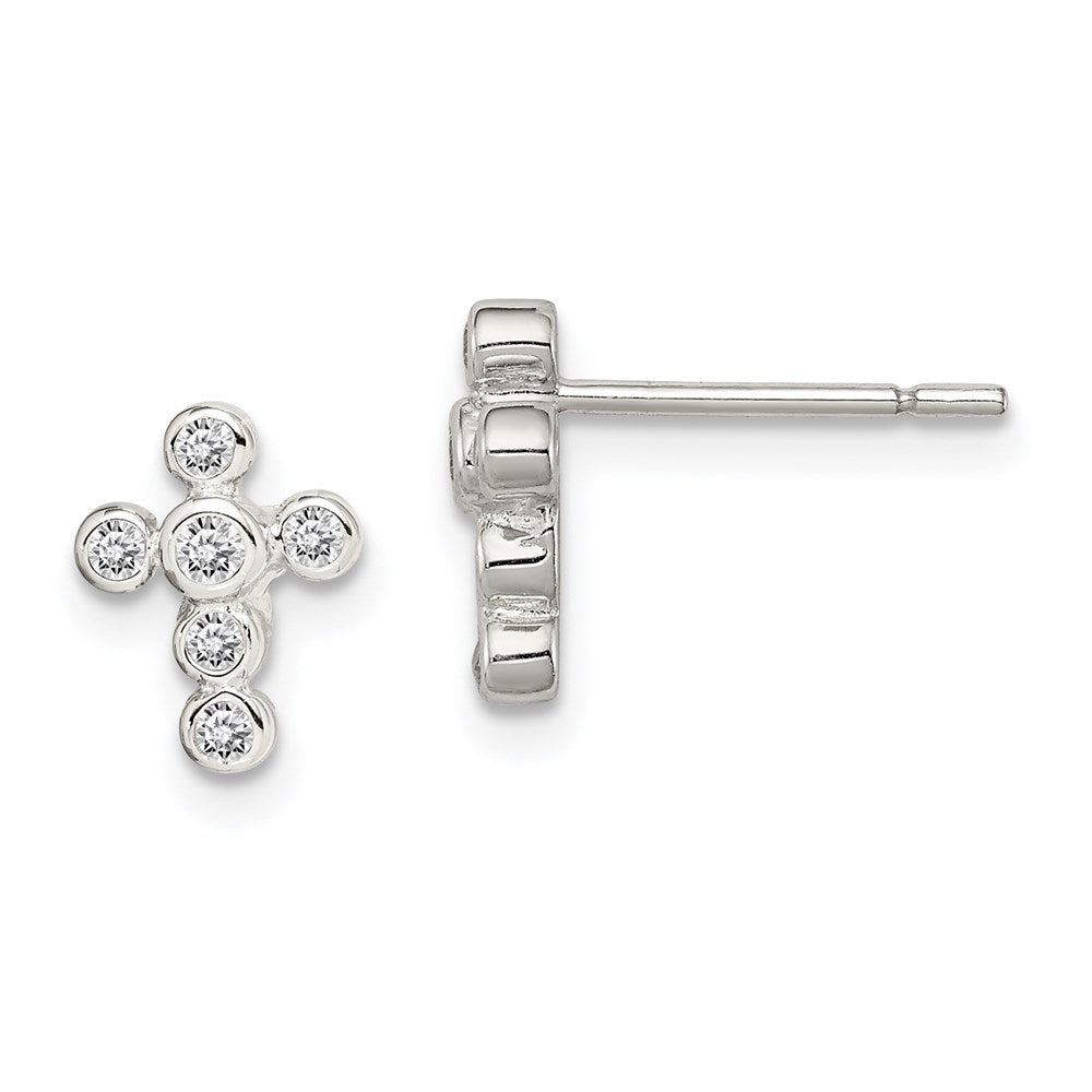 Sterling Silver Rhodium-plated Polished Bezel CZ Cross Post Earrings, 9 x 7 mm