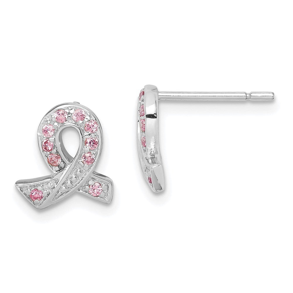 Sterling Silver Rhodium-plated Pink CZ Ribbon Earrings, 10 x 10 mm