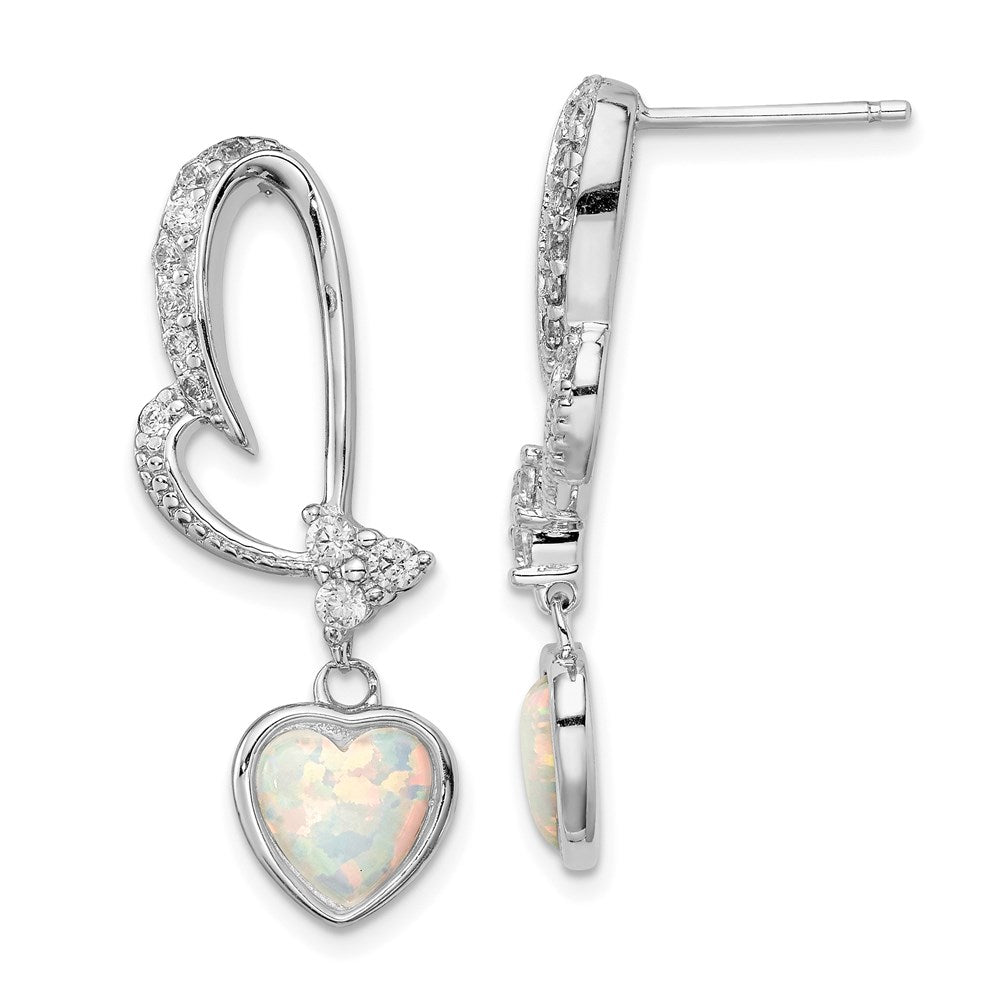 Sterling Silver Rhodium plated Created Opal and CZ Heart Earrings, 32 x 12 mm