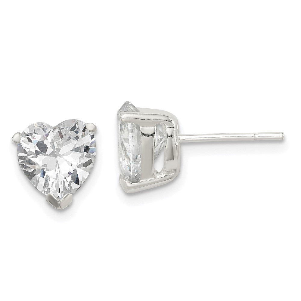 Sterling Silver Polished 8mm Heart 3 Prong Basket Set CZ Stud Earrings, 8 x 8 mm