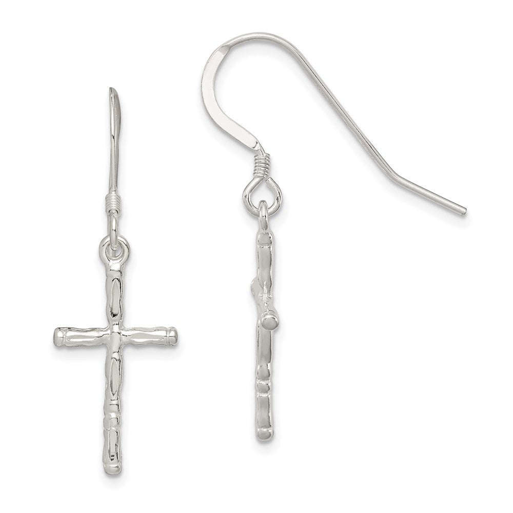 Sterling Silver Polished & Textured Cross Dangle Earrings, 36 x 11 mm