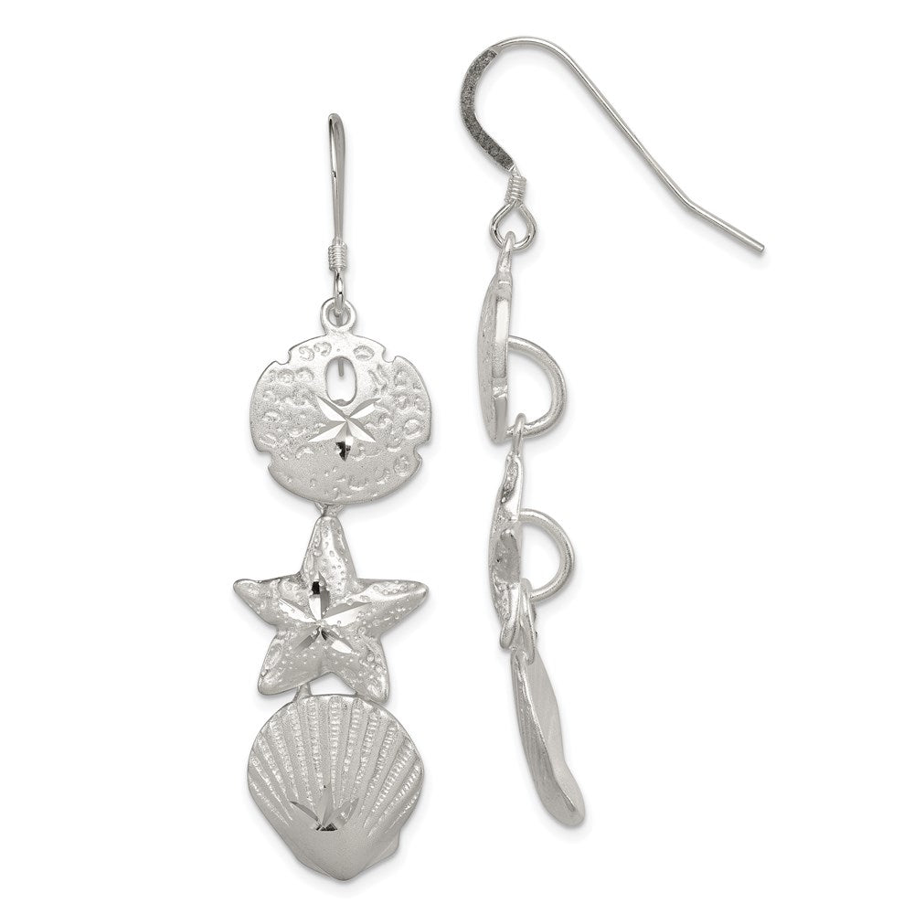 Sterling Silver Sand Dollar, Starfish and Shell Earrings, 58 x 15 mm