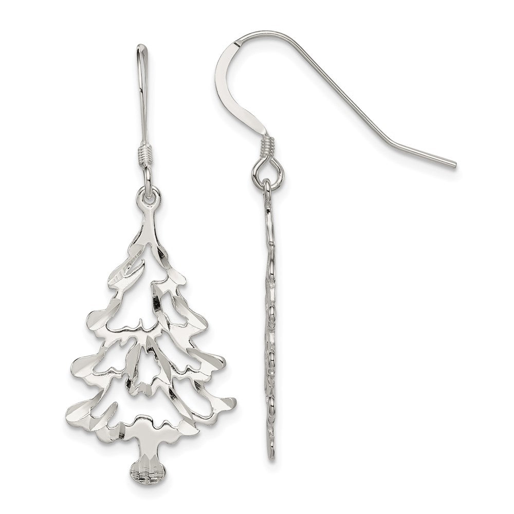 Sterling Silver Christmas Tree Earrings, 45 x 18 mm