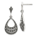 Sterling Silver RH-plated Textured Marcasite Teardrop Post Dangle Earrings, 33 x 15 mm