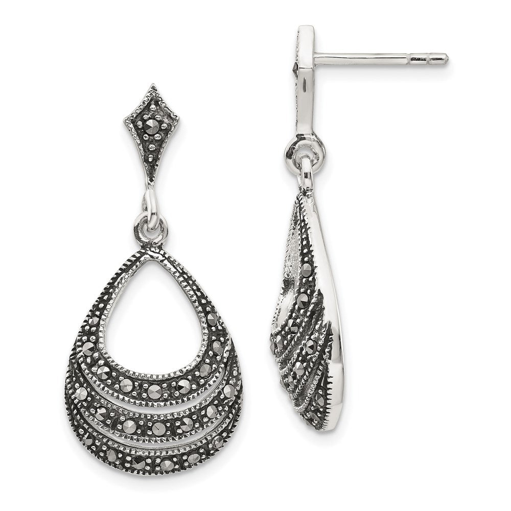 Sterling Silver RH-plated Textured Marcasite Teardrop Post Dangle Earrings, 33 x 15 mm