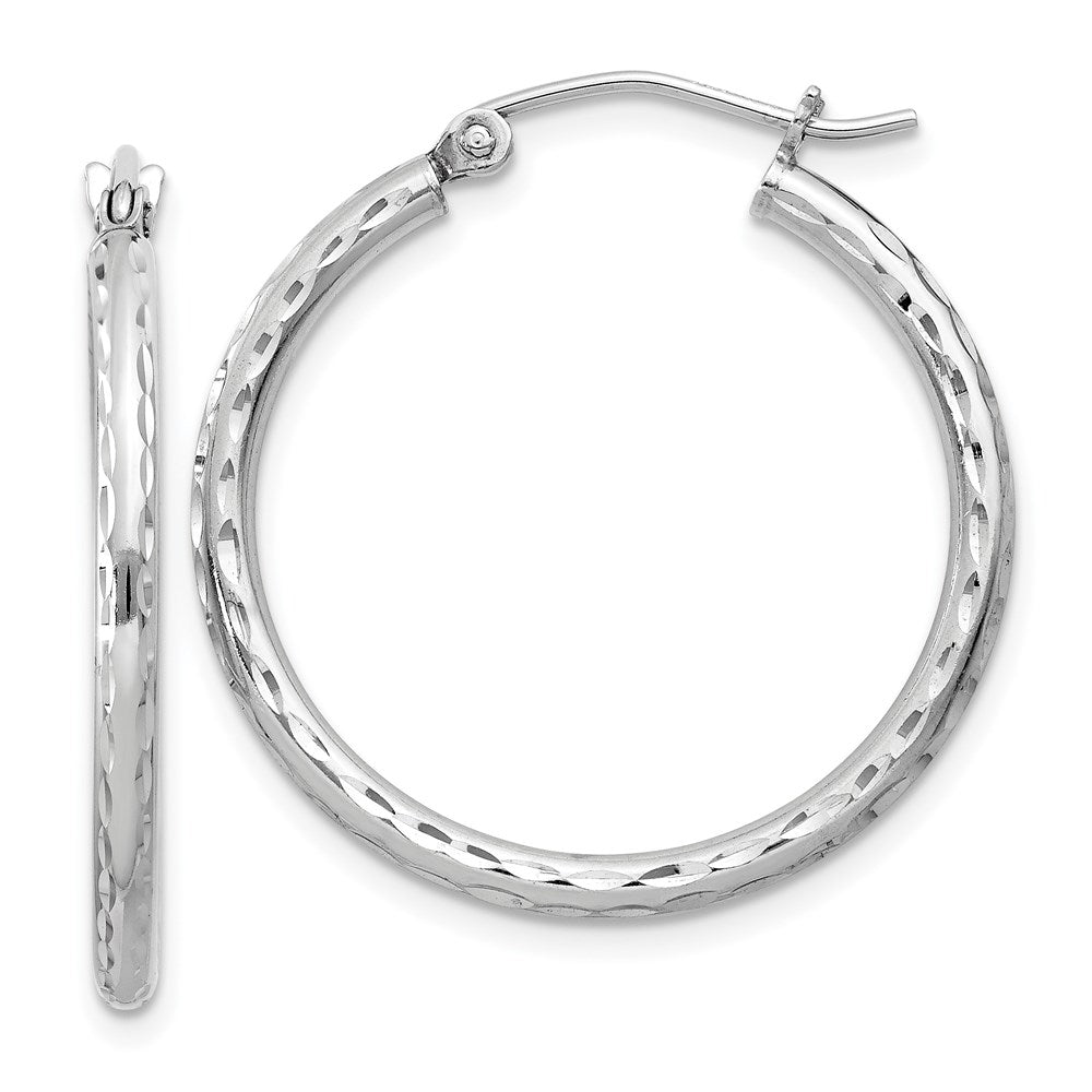 Sterling Silver Rhodium-plated 2mm Diamond Cut Hoop Earrings, 27 x 2 mm