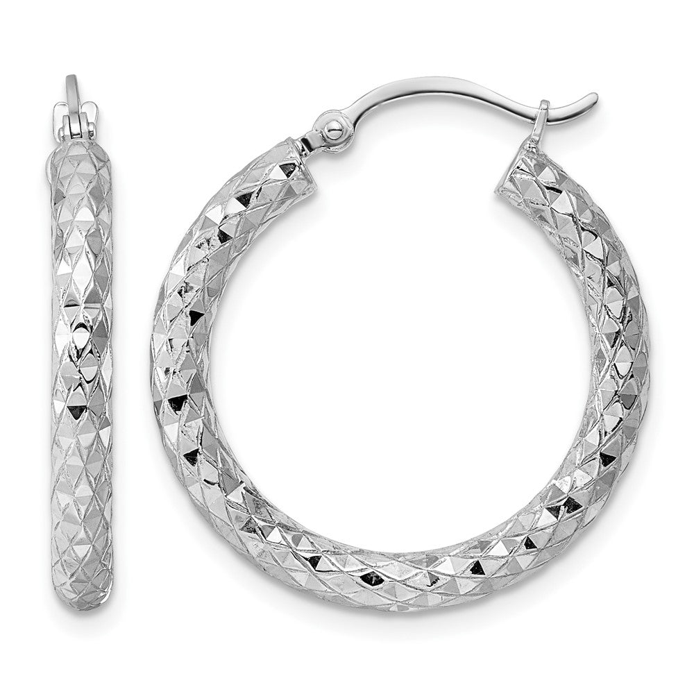 Sterling Silver Rhodium-plated 3.00mm Diamond-cut Hoop Earrings, 27 x 3 mm