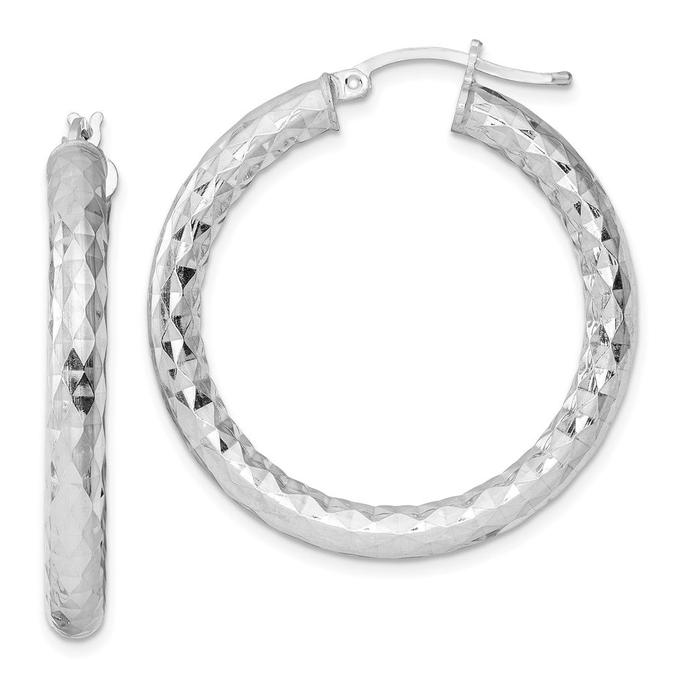 Sterling Silver Rhodium-plated 4.00mm Diamond-cut Hoop Earrings, 35 x 4 mm