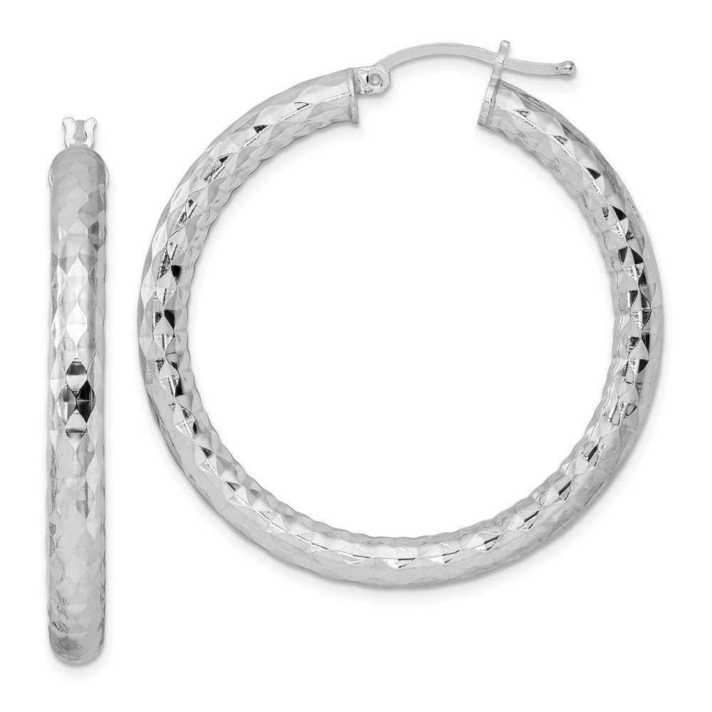 Sterling Silver Rhodium-plated 4.00mm Diamond-cut Hoop Earrings, 40 x 4 mm