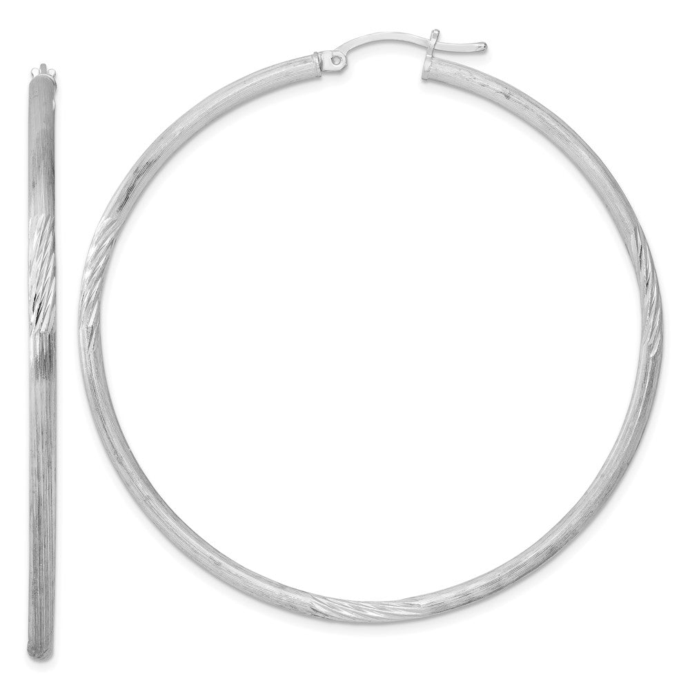 Sterling Silver Rhod-plated 2.5mm Polished/Satin Diamond-cut Hoop Earrings, 63 x 60 mm