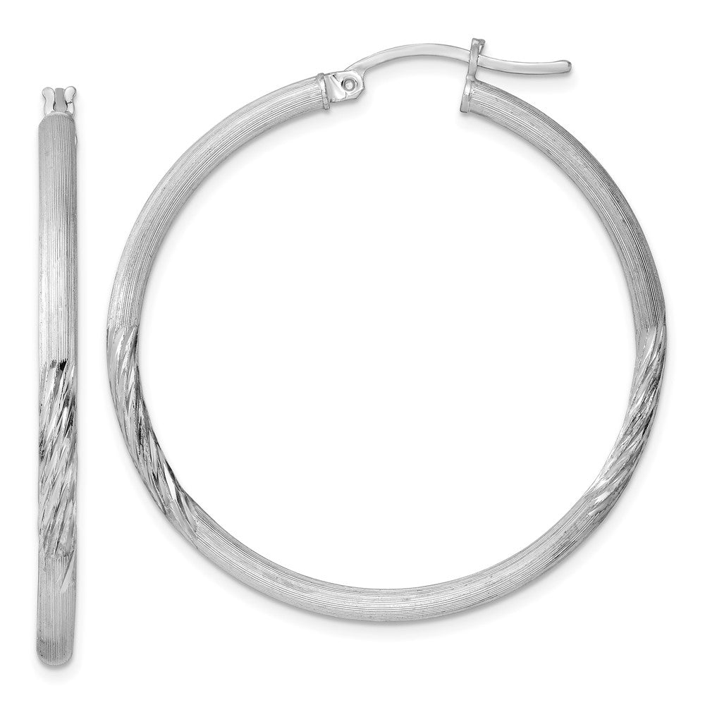 Sterling Silver Rhod-plated 2.5mm Polished/Satin Diamond-cut Hoop Earrings, 41 x 2.5 mm