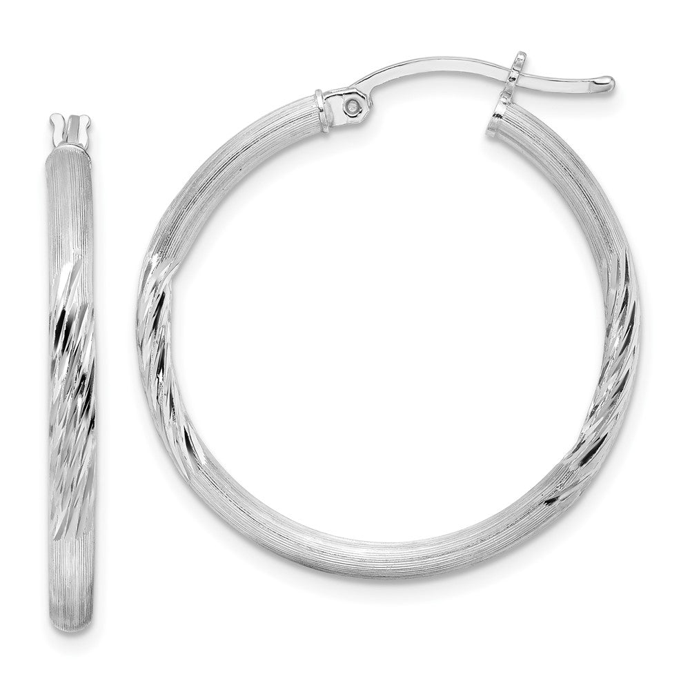 Sterling Silver Rhod-plated 2.5mm Polished/Satin Diamond-cut Hoop Earrings, 32 x 2.5 mm