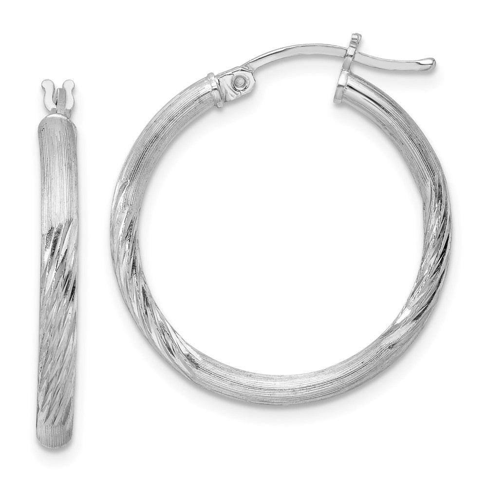 Sterling Silver Rhod-plated 2.5mm Polished/Satin Diamond-cut Hoop Earrings, 27 x 2.5 mm