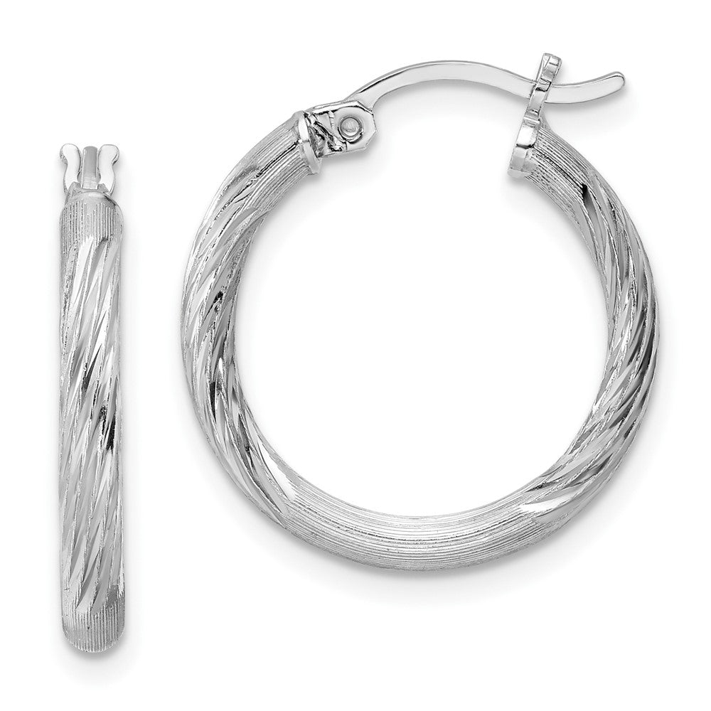 Sterling Silver Rhod-plated 2.5mm Polished/Satin Diamond-cut Hoop Earrings, 22 x 2.5 mm