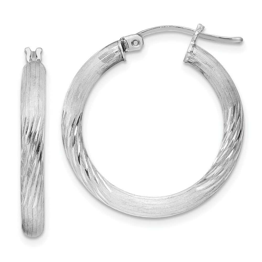 Sterling Silver Rhodium-plated 3mm Polished/Satin Diamond-cut Hoop Earrings, 28 x 3 mm