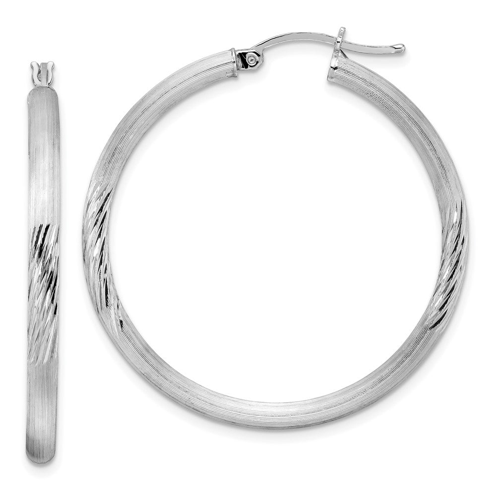 Sterling Silver Rhodium-plated 3mm Polished/Satin Diamond-cut Hoop Earrings, 40 x 3 mm