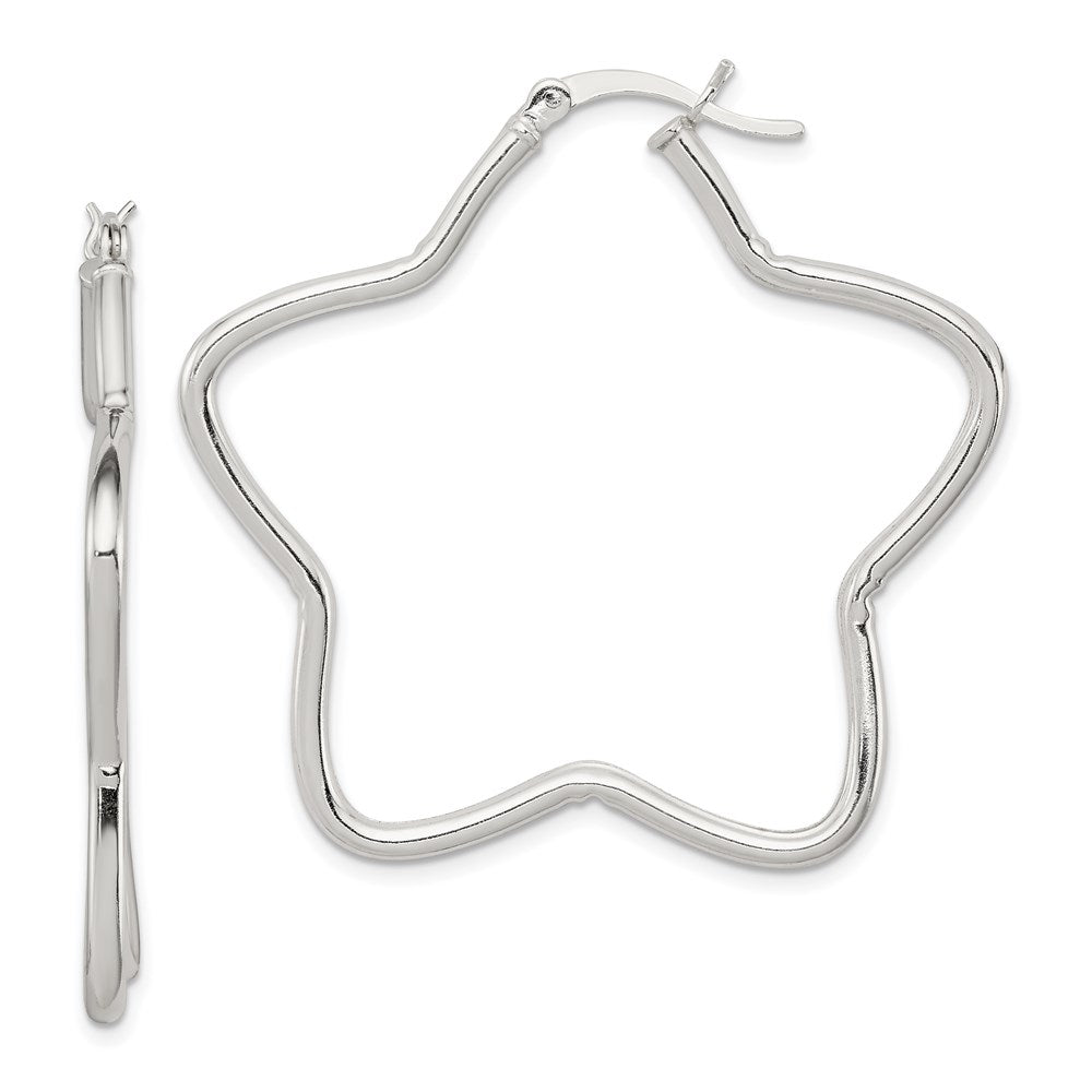 Sterling Silver Rhodium-Plated 2mm Star Hoop Earrings, 43 x 45 mm