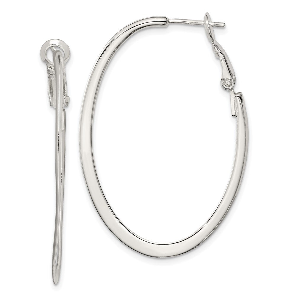 Sterling Silver Rhodium-plated 1.5mm Oval Omega Back Hoop Earrings, 40 x 28 mm