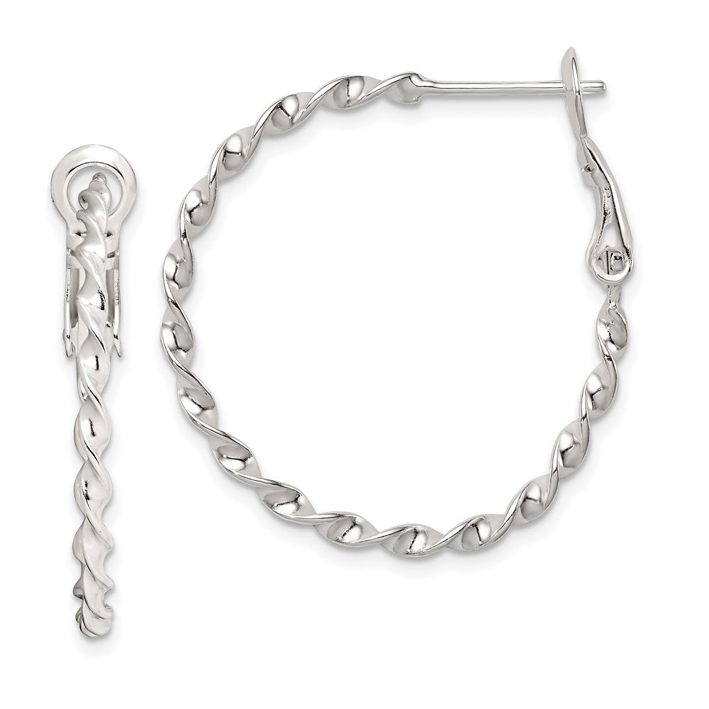Sterling Silver Rhodium-plated Twisted Omega Back Hoop Earrings, 28 x 27 mm