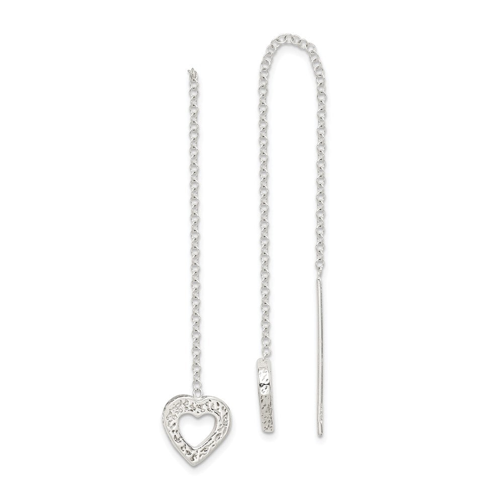 Sterling Silver Polished & Hammered Heart Threader Earrings, 52 x 10 mm