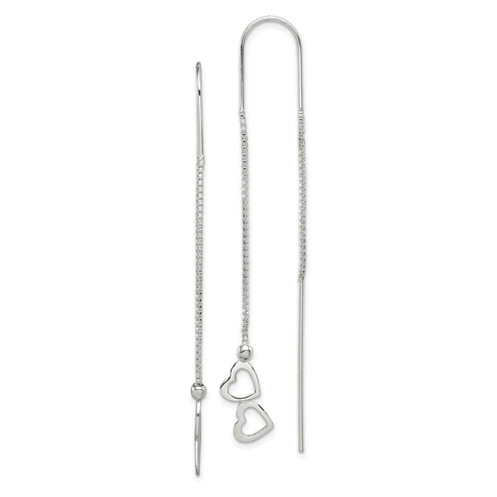 Sterling Silver Polished Double Heart Threader Earrings, 62 x 9 mm