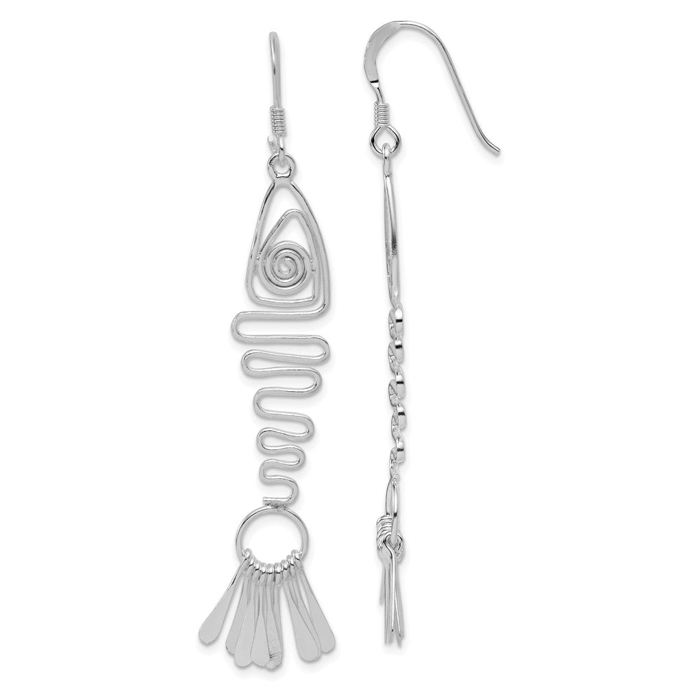 Sterling Silver Polished Fancy Geometric Fish Earrings, 78 x 19 mm