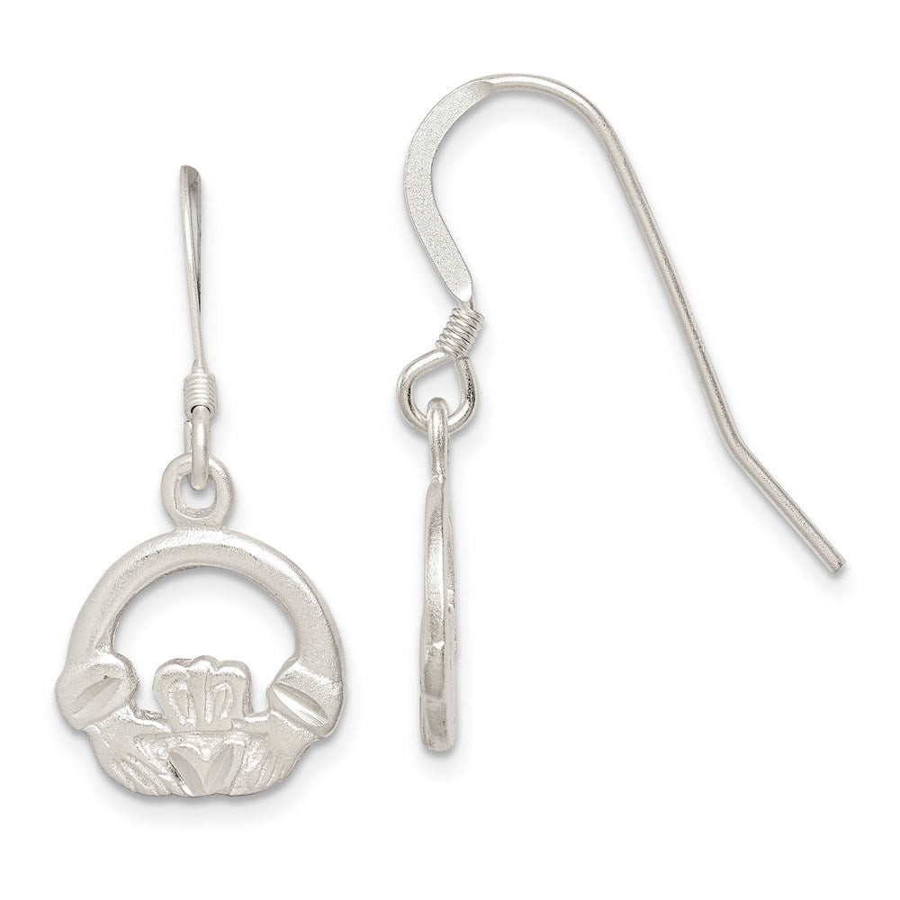 Sterling Silver Satin & Diamond-cut Claddagh Dangle Earrings, 30 x 12 mm