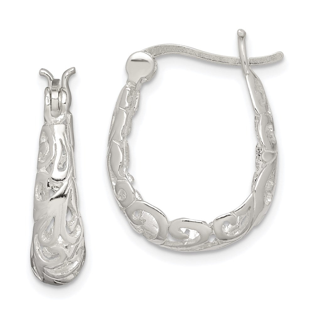 Sterling Silver Polished Filigree Oval Hoop Earrings, 22 x 17 mm