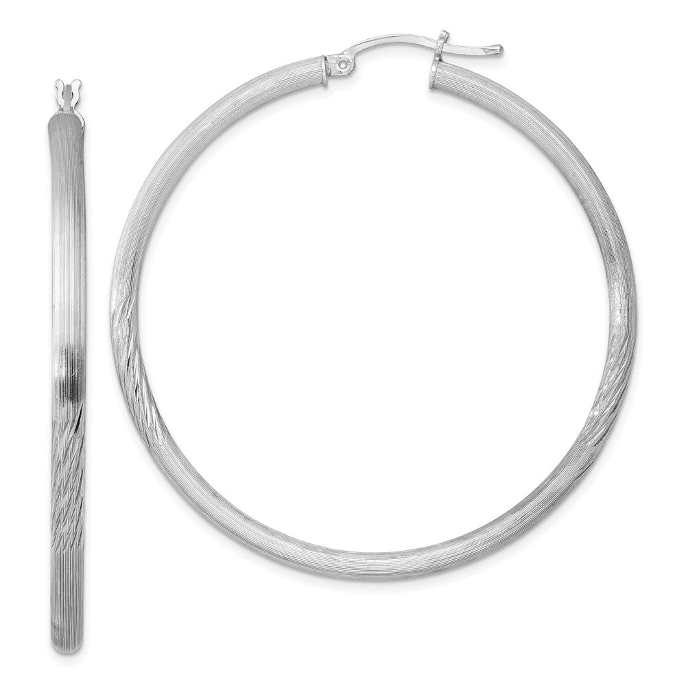 Sterling Silver Rhodium-plated 3mm Polished/Satin Diamond-cut Hoop Earrings, 52 x 50 mm