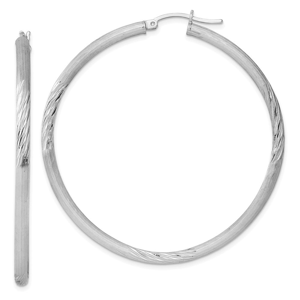 Sterling Silver Rhodium-plated 3mm Polished/Satin Diamond-cut Hoop Earrings, 58 x 55 mm