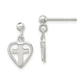 Sterling Silver Polished Cross in Heart Post Dangle Earrings, 17 x 10 mm