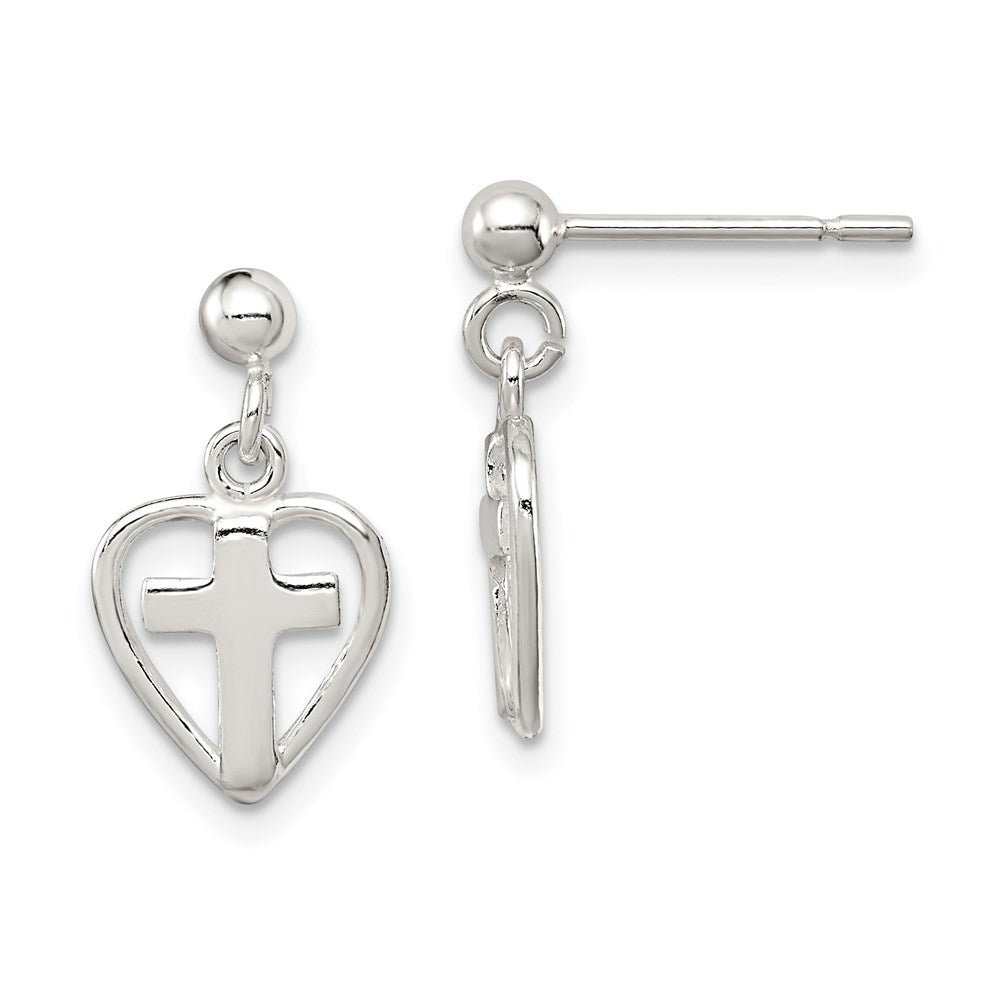 Sterling Silver Polished Cross in Heart Post Dangle Earrings, 17 x 10 mm