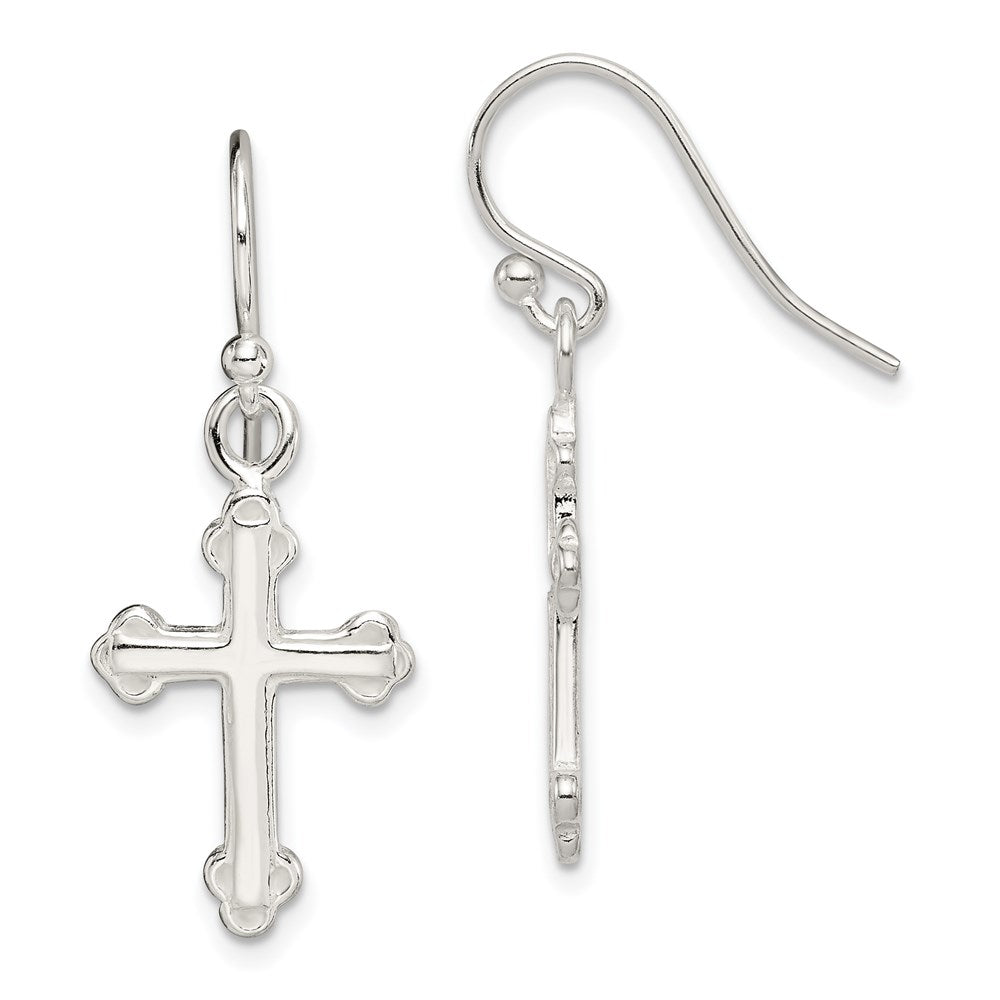 Sterling Silver Polished Budded Cross Dangle Earrings, 37 x 14 mm
