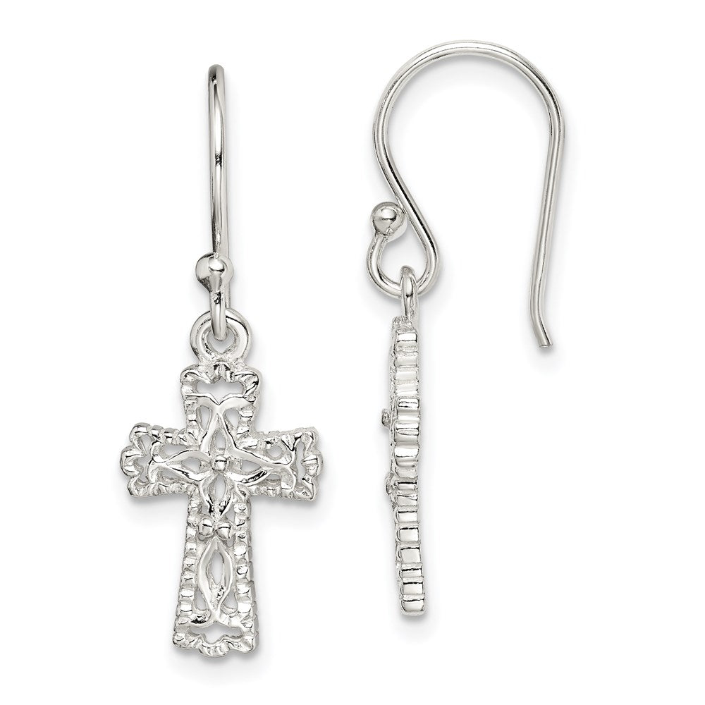 Sterling Silver Polished & Textured Cross Dangle Earrings, 30 x 11 mm