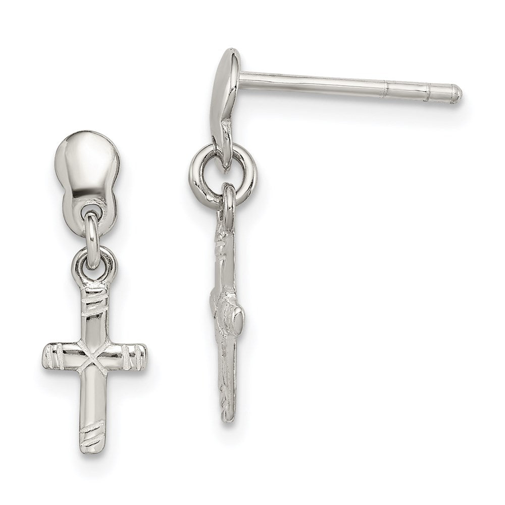 Sterling Silver Polished & Grooved Latin Cross Post Dangle Earrings, 19 x 7 mm