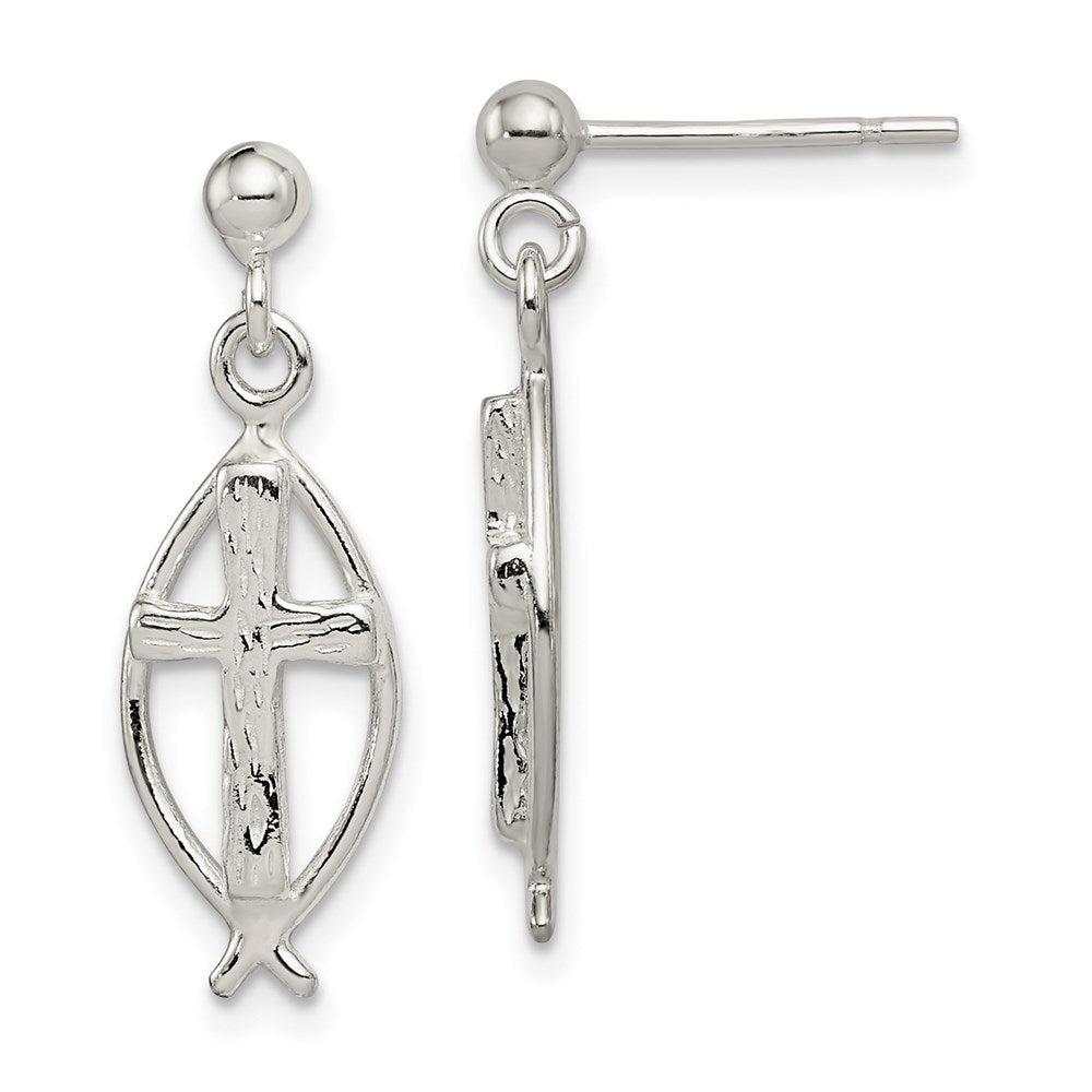 Sterling Silver Polished Antiqued & Textured Ichthus & Cross Post Dangle Earrings, 26 x 9 mm