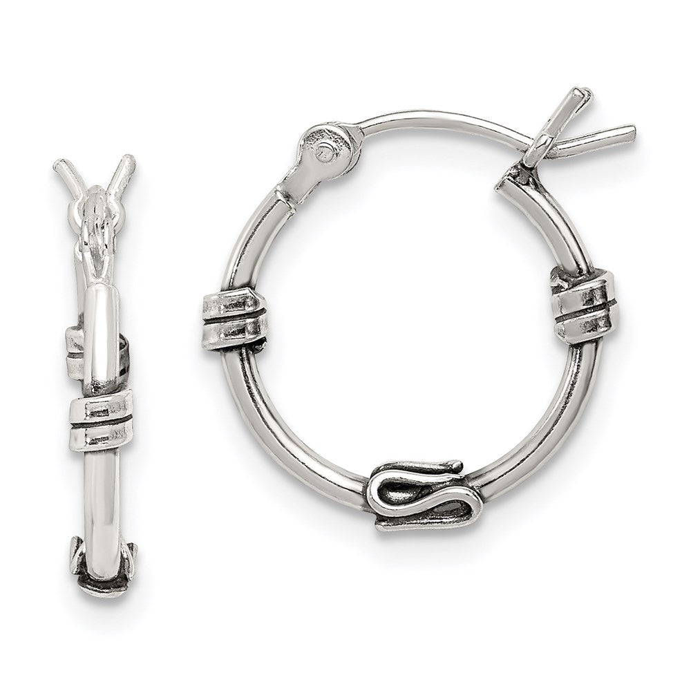 Sterling Silver Antiqued Fancy Hoop Earrings, 15 x 15 mm