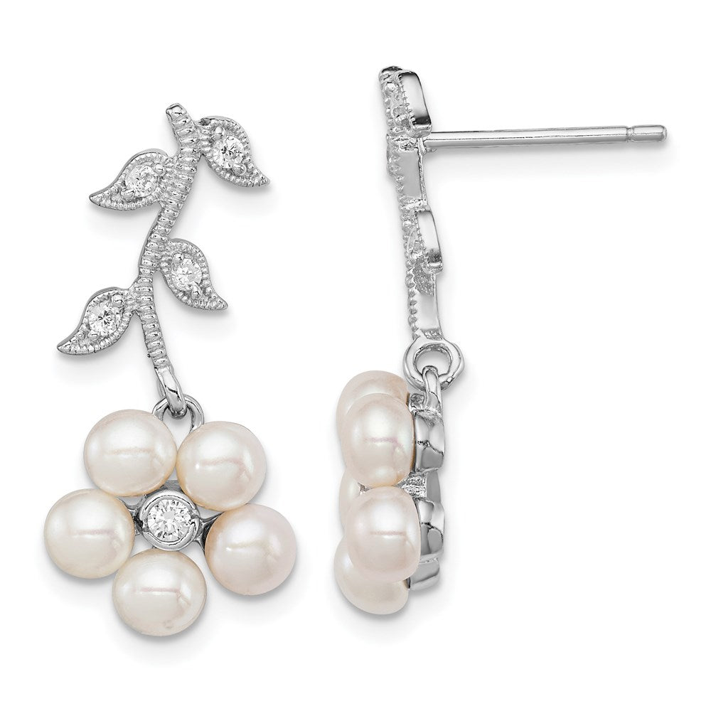 Sterling Silver Rhodium-plated White FWC Pearl CZ Flower Post Earrings, 27 x 11 mm
