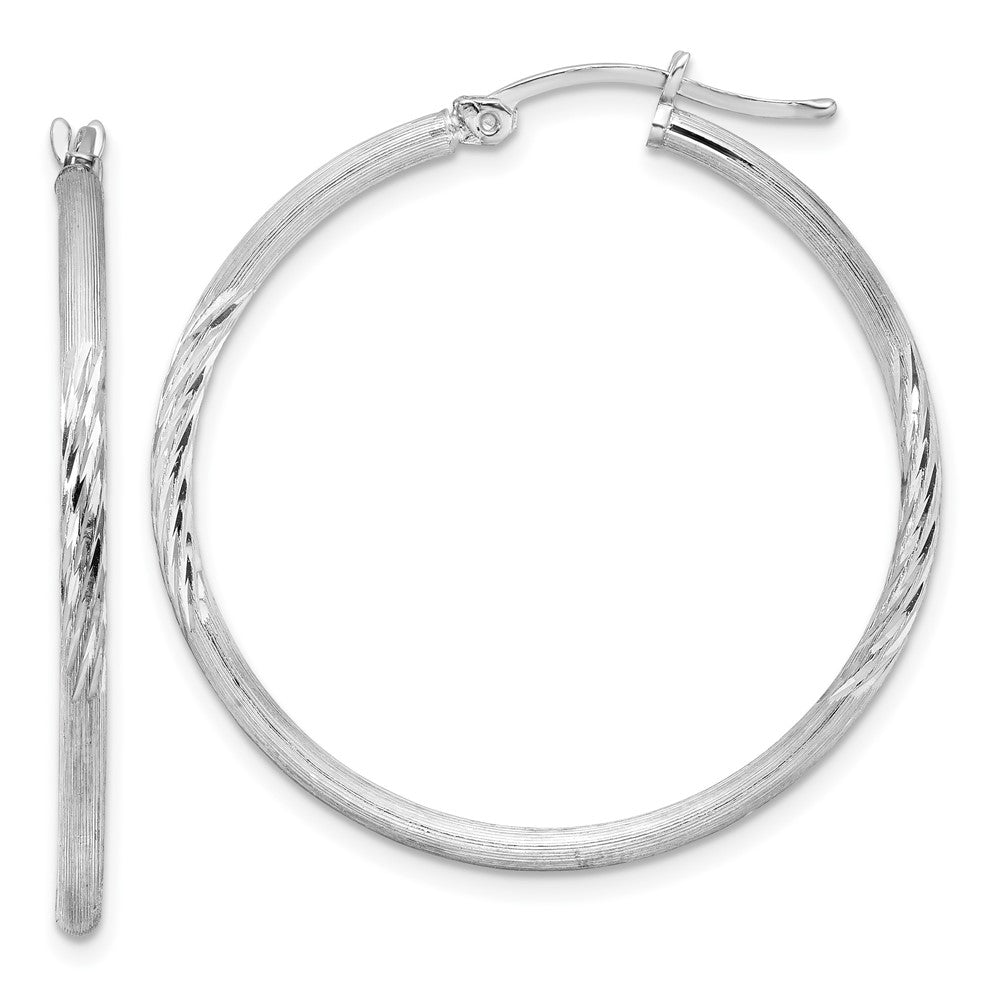 Sterling Silver Rhodium-plated 2mm Polished/Satin Diamond-cut Hoop Earrings, 38 x 2 mm