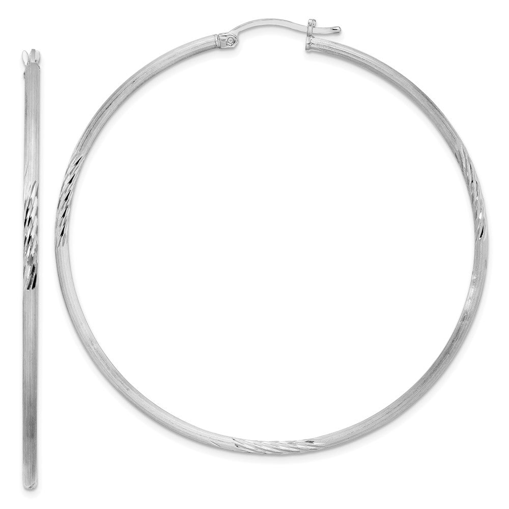 Sterling Silver Rhodium-plated 2mm Polished/Satin Diamond-cut Hoop Earrings, 63 x 2 mm