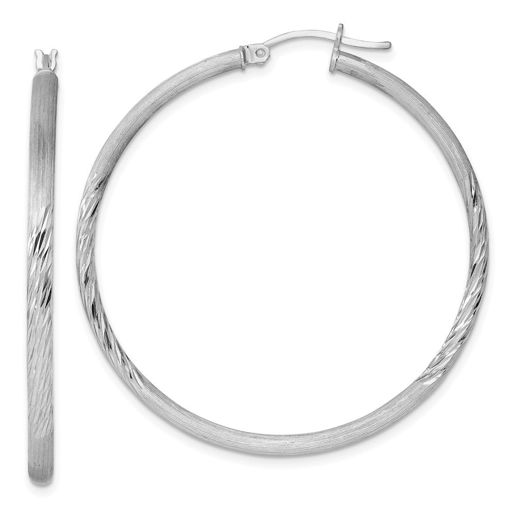 Sterling Silver Rhod-plated 2.5mm Polished/Satin Diamond-cut Hoop Earrings, 47 x 2.5 mm