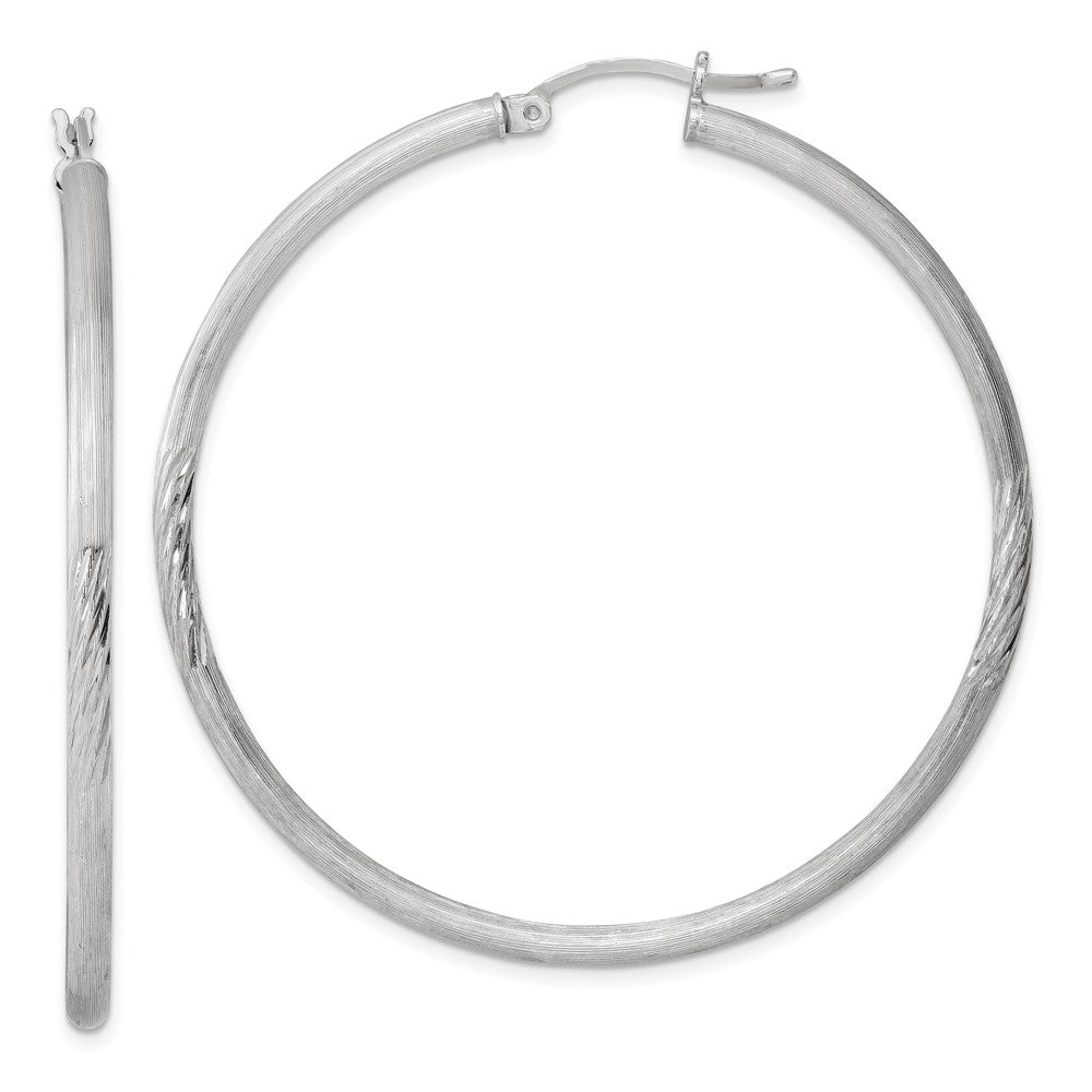 Sterling Silver Rhod-plated 2.5mm Polished/Satin Diamond-cut Hoop Earrings, 52 x 2.5 mm