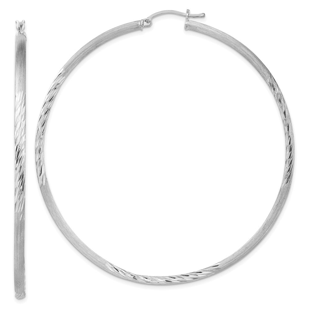 Sterling Silver Rhod-plated 2.5mm Polished/Satin Diamond-cut Hoop Earrings, 72 x 70 mm